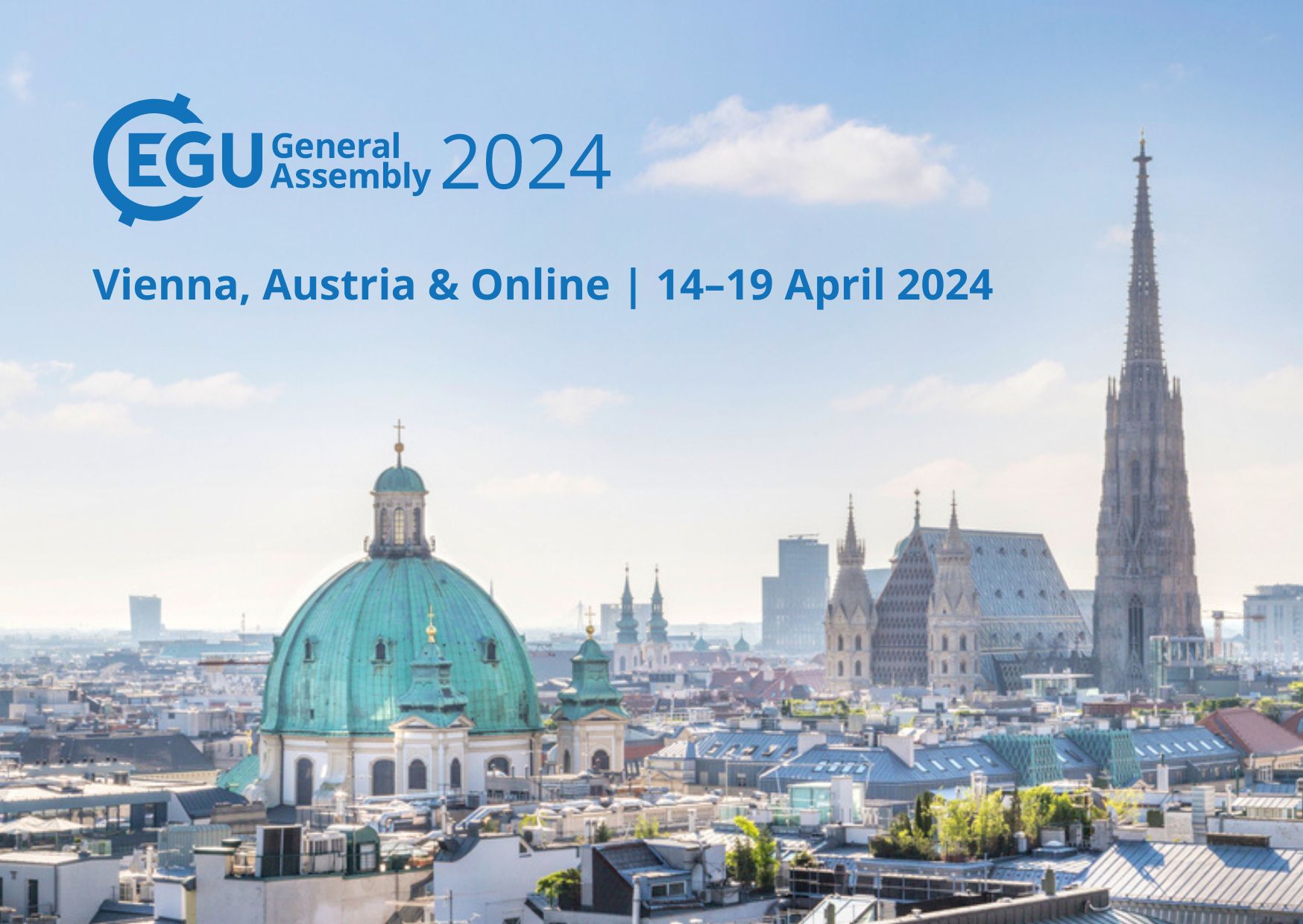 Skyline of Vienna with logo of EGU General Assembly 2024 and dates of the event